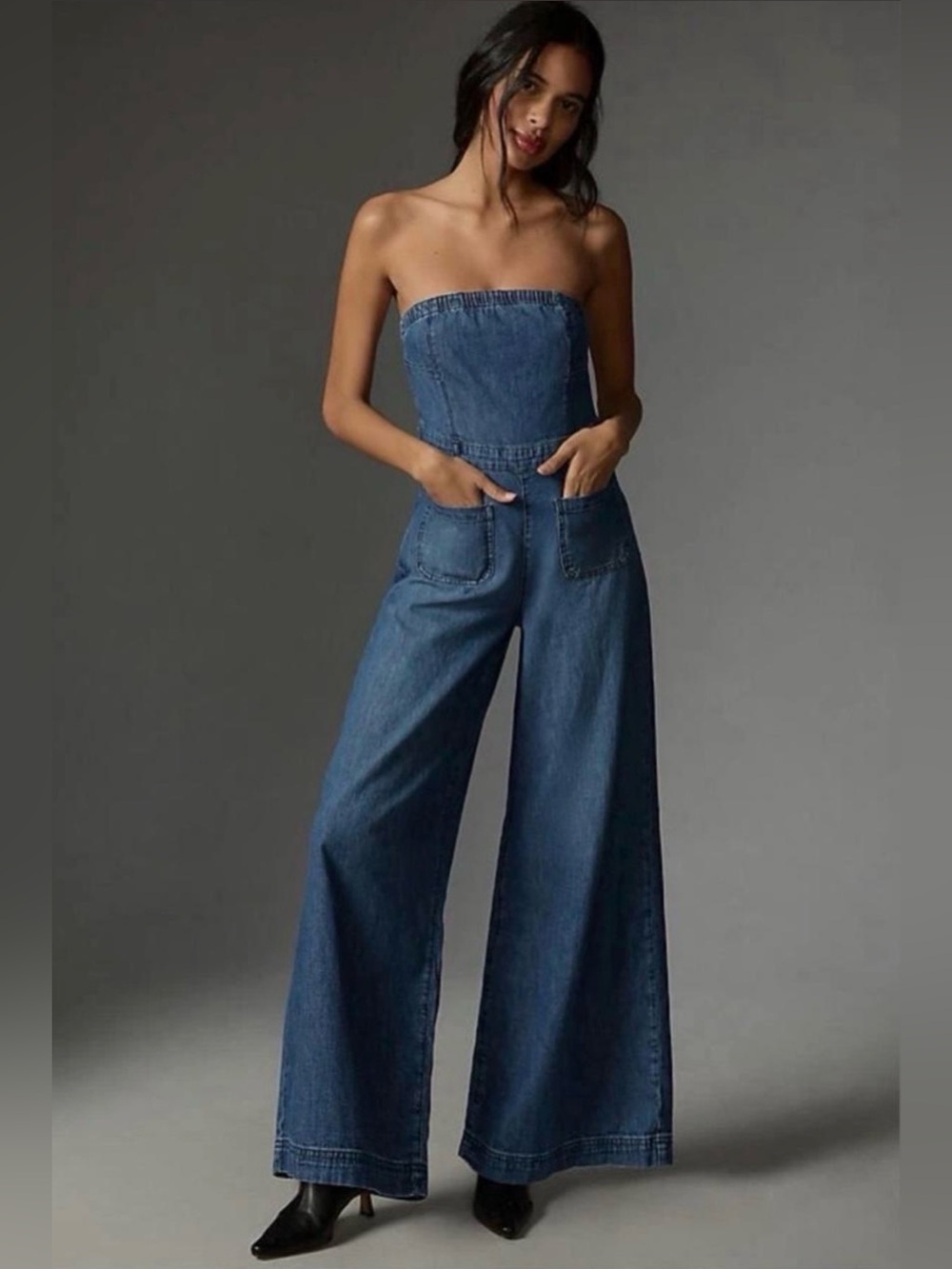 Pilcro by Anthropologie Blue Denim Strapless Polished Wide-Leg Jumpsuit Size 2